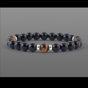 HP ❤️ Mens Solid Sterling silver Tiger Eye and Onyx Stretch Beaded Bracelet